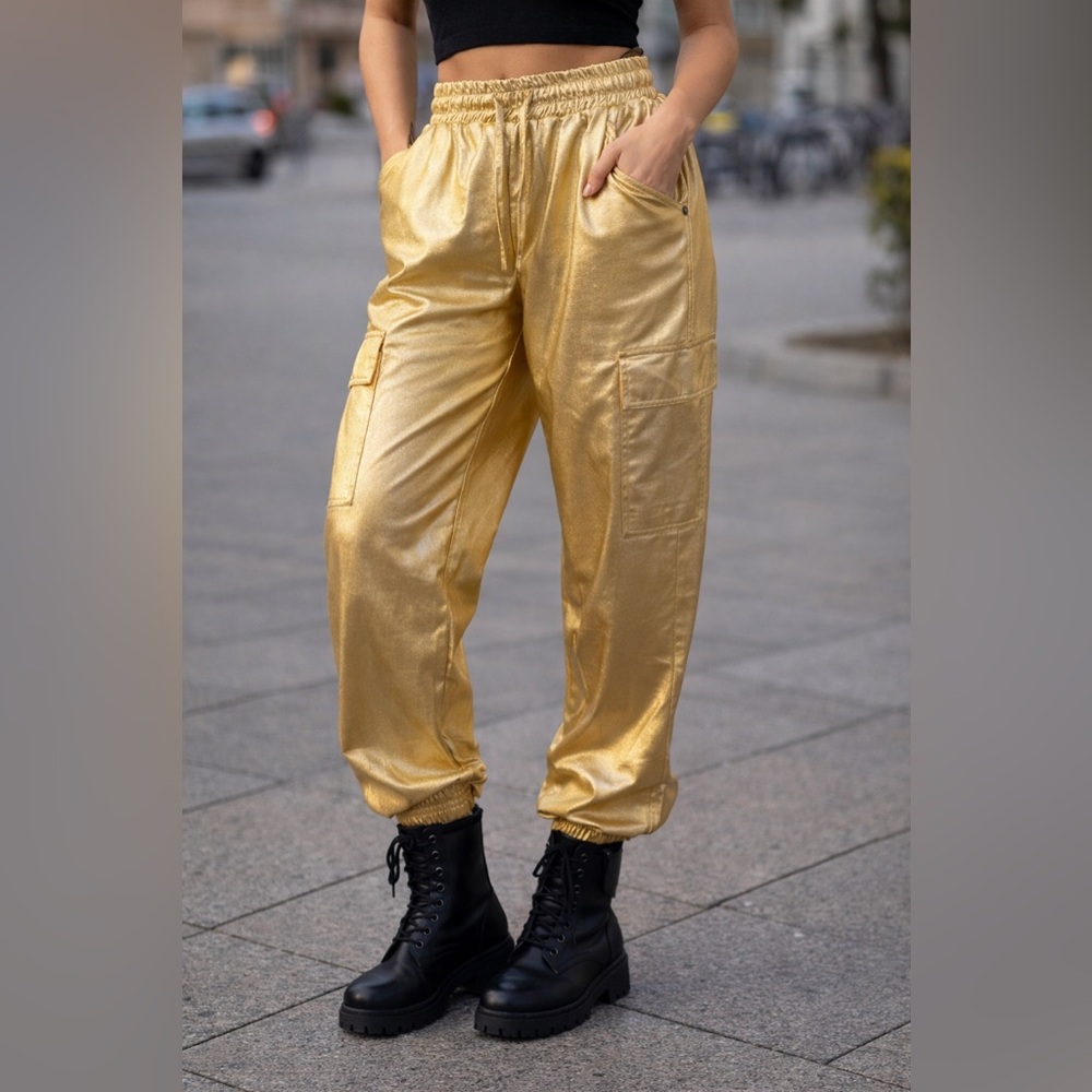 New Stylish Gold Women's Joggers Cargo Adjustable Pants Size M